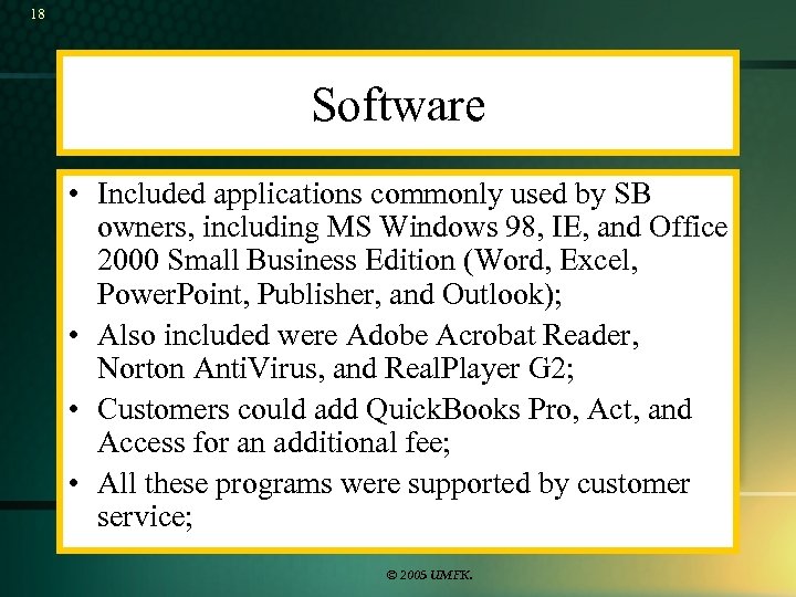 18 Software • Included applications commonly used by SB owners, including MS Windows 98,
