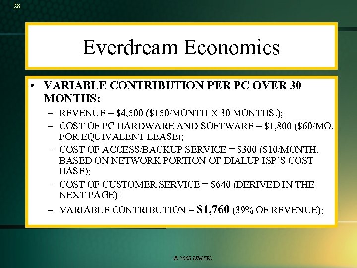 28 Everdream Economics • VARIABLE CONTRIBUTION PER PC OVER 30 MONTHS: – REVENUE =