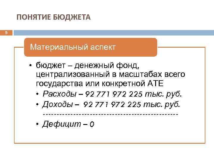 ПОНЯТИЕ БЮДЖЕТА 5 Материальный аспект • бюджет – денежный фонд, централизованный в масштабах всего