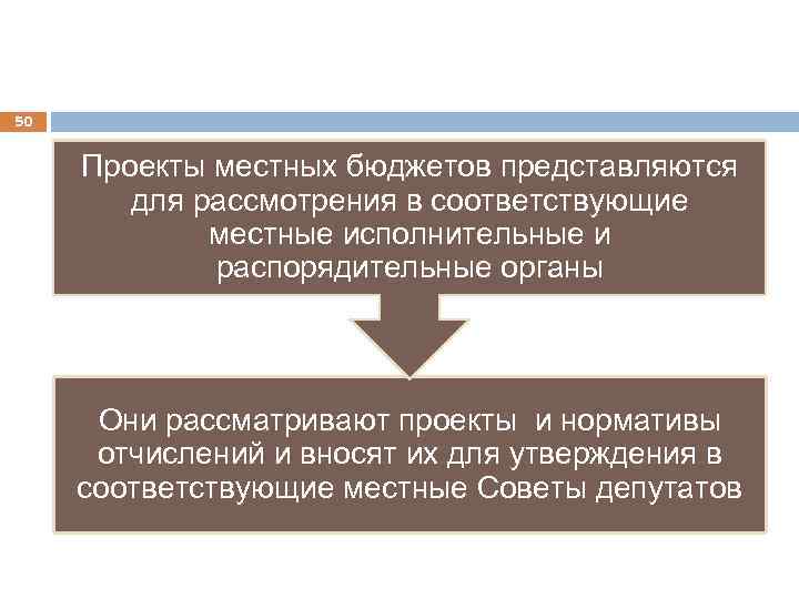 50 Проекты местных бюджетов представляются для рассмотрения в соответствующие местные исполнительные и распорядительные органы