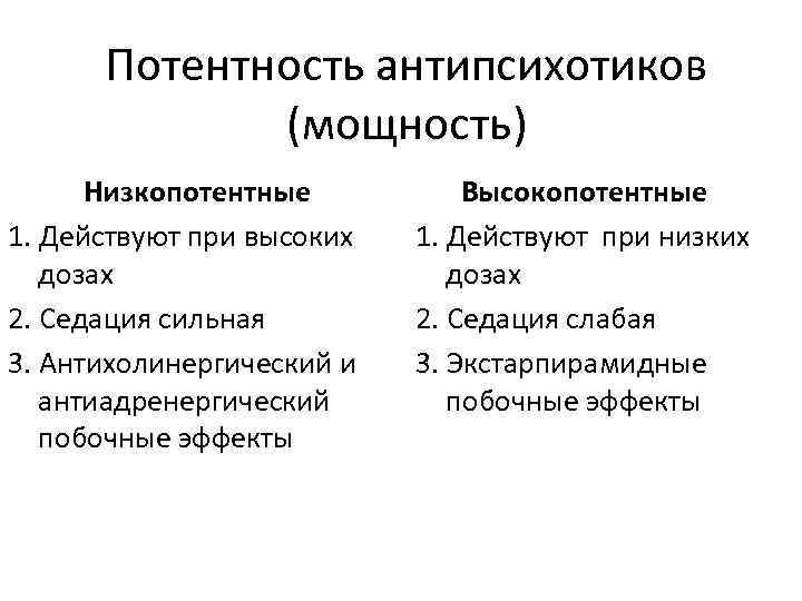 Потентность антипсихотиков (мощность) Низкопотентные 1. Действуют при высоких дозах 2. Седация сильная 3. Антихолинергический