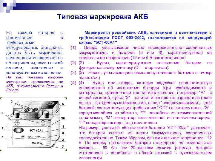 Типовая маркировка АКБ На каждой батарее в соответствии с требованиями международных стандартов должна быть