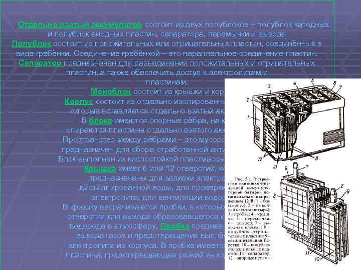  Отдельно взятый аккумулятор состоит из двух полублоков – полублок катодных и полублок анодных