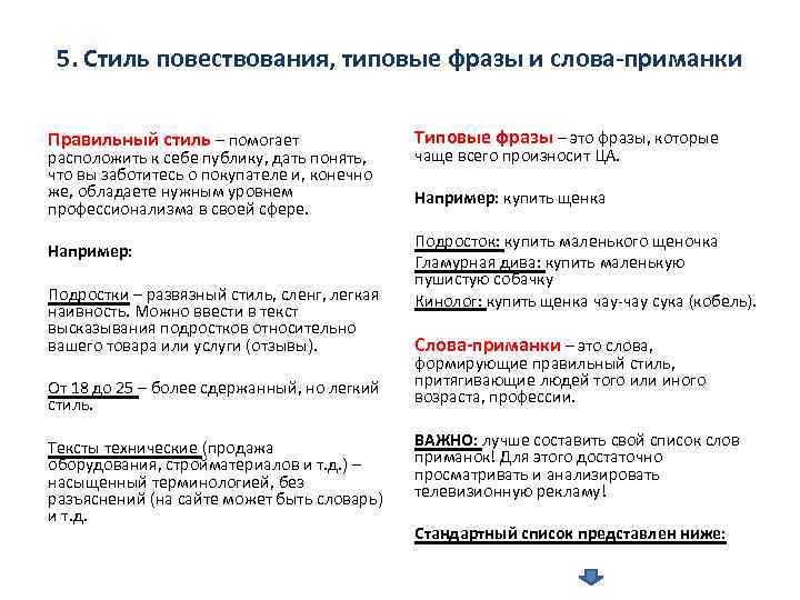 5. Стиль повествования, типовые фразы и слова-приманки Правильный стиль – помогает расположить к себе