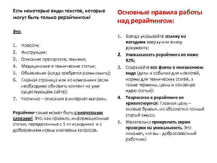 Есть некоторые виды текстов, которые могут быть только рерайтингом! Это: 1. 2. 3. 4.