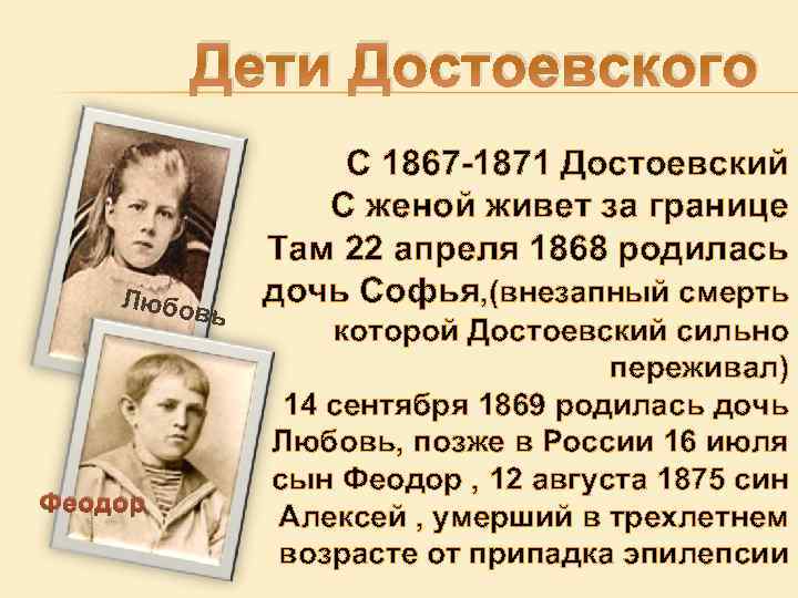 Дети Достоевского Любо вь Любовь Феодор С 1867 -1871 Достоевский С женой живет за