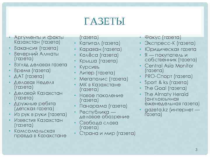 ГАЗЕТЫ • Аргументы и факты Казахстан (газета) • Вакансия (газета) • Вечерний Алматы (газета)