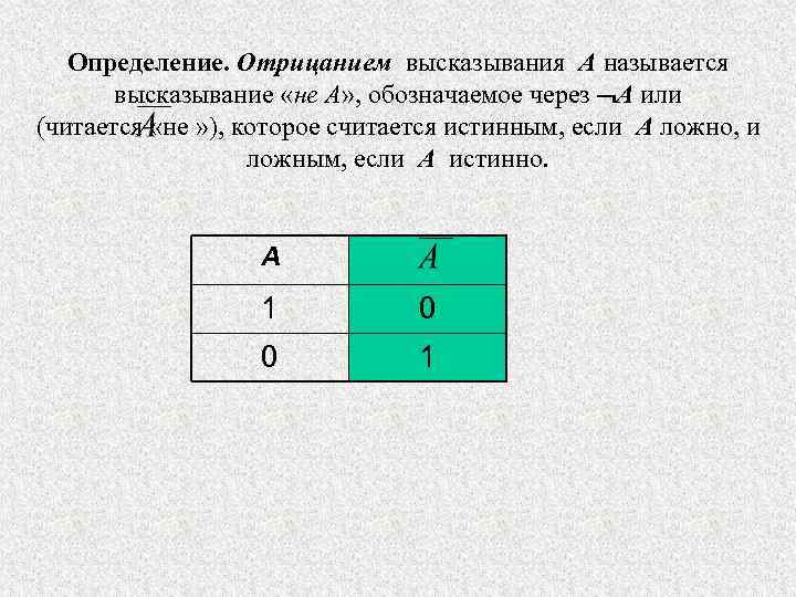 Истинность высказывания отрицания. Отрицание высказывания. Отрицание определение. Определение отрицание в математике. Дать определение отрицания высказывания.