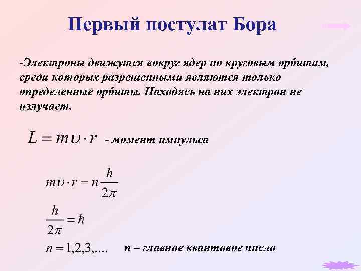 Первый постулат Бора -Электроны движутся вокруг ядер по круговым орбитам, среди которых разрешенными являются