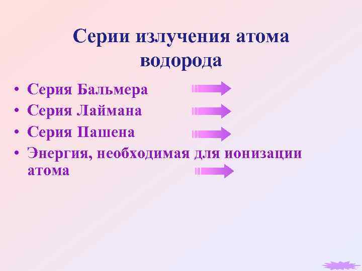 Серии излучения атома водорода • • Серия Бальмера Серия Лаймана Серия Пашена Энергия, необходимая