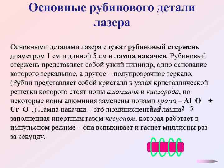 Основные рубинового детали лазера Основными деталями лазера служат рубиновый стержень диаметром 1 см и