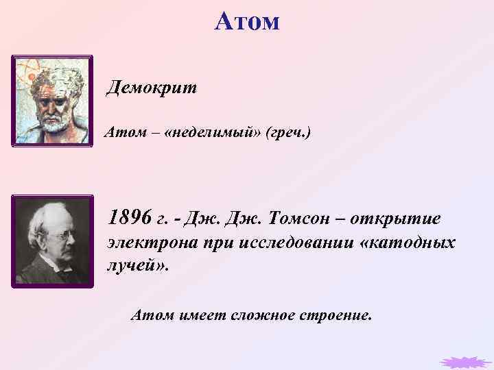 Атом Демокрит Атом – «неделимый» (греч. ) 1896 г. - Дж. Томсон – открытие