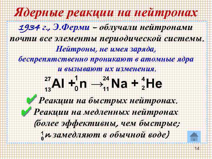 Ядерные реакции на нейтронах 1934 г. , Э. Ферми – облучали нейтронами почти все
