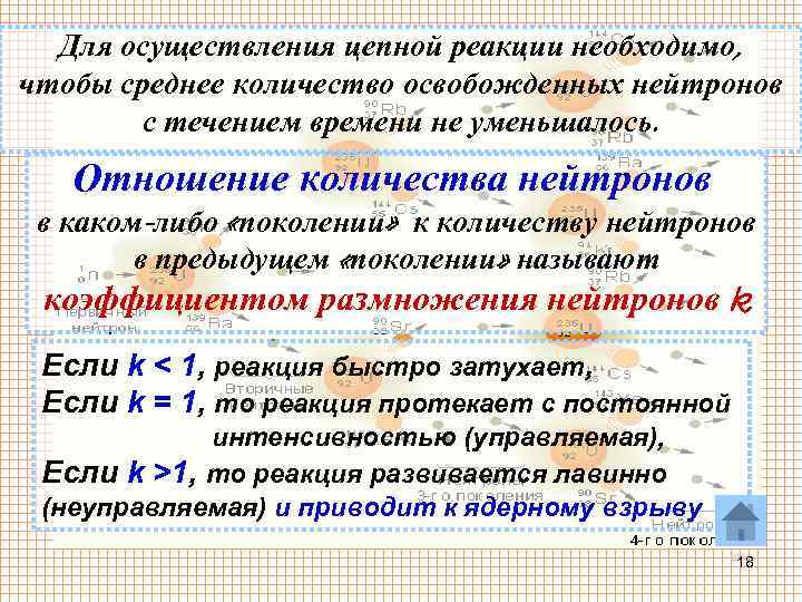 Для осуществления цепной реакции необходимо, чтобы среднее количество освобожденных нейтронов с течением времени не