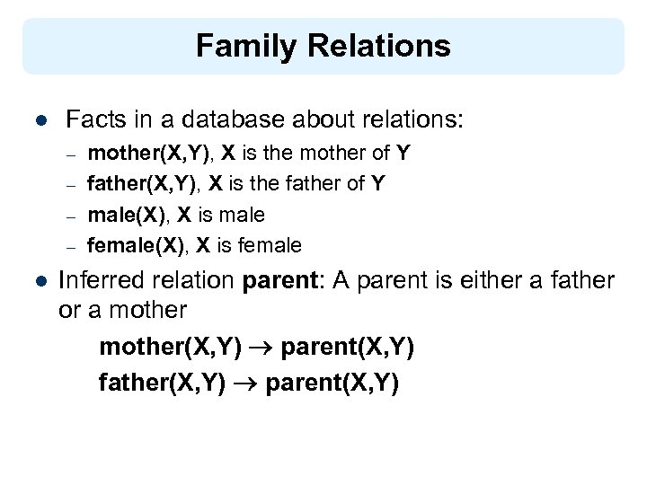 Family Relations l Facts in a database about relations: – – l mother(X, Y),