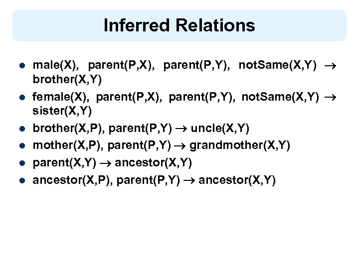 Inferred Relations l l l male(X), parent(P, Y), not. Same(X, Y) brother(X, Y) female(X),