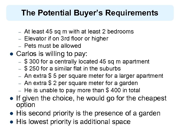 The Potential Buyer’s Requirements – – – l Carlos is willing to pay: –