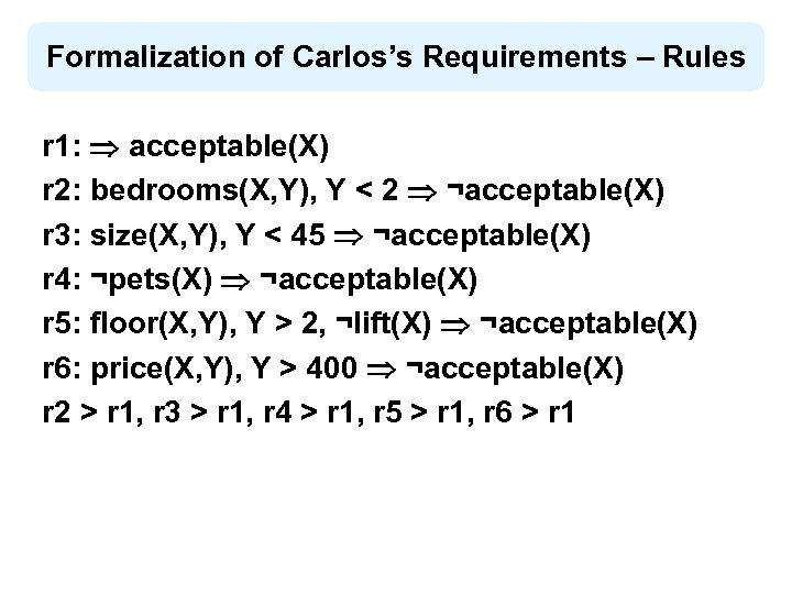 Formalization of Carlos’s Requirements – Rules r 1: acceptable(X) r 2: bedrooms(X, Y), Y