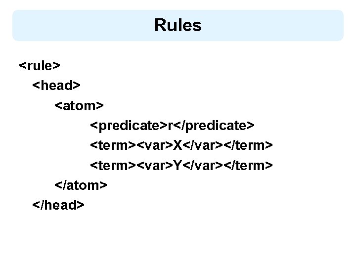 Rules <rule> <head> <atom> <predicate>r</predicate> <term><var>X</var></term> <term><var>Y</var></term> </atom> </head> 