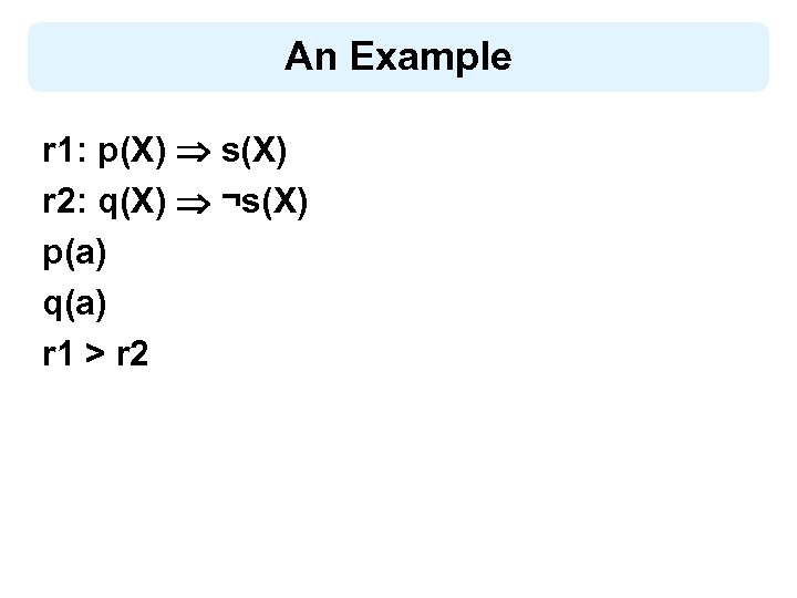 An Example r 1: p(X) s(X) r 2: q(X) ¬s(X) p(a) q(a) r 1