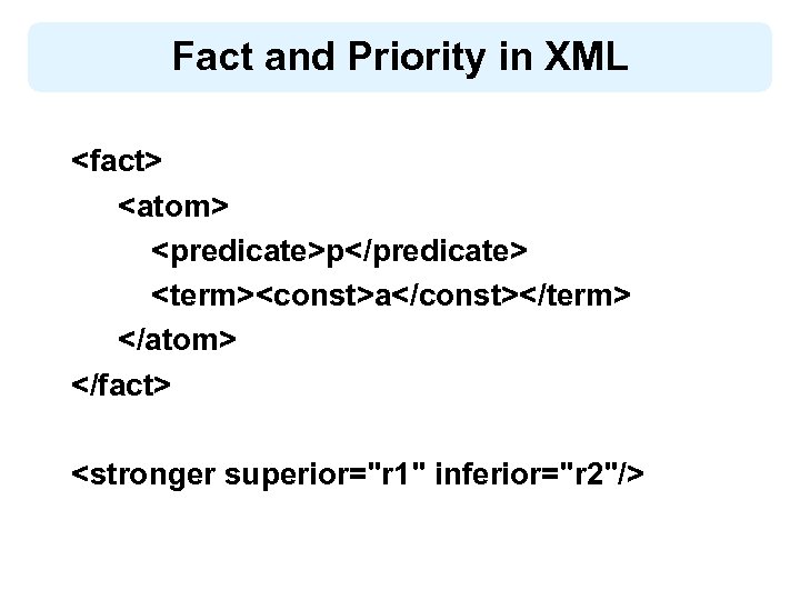 Fact and Priority in XML <fact> <atom> <predicate>p</predicate> <term><const>a</const></term> </atom> </fact> <stronger superior="r 1"