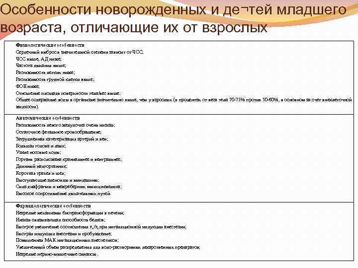 Особенности новорожденных и де¬тей младшего возраста, отличающие их от взрослых Физиологические особенности Сердечный выброс