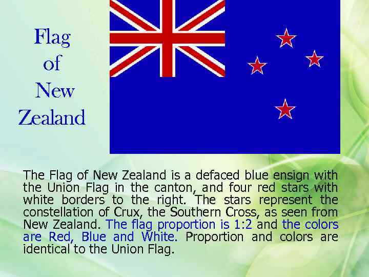 Flag of New Zealand The Flag of New Zealand is a defaced blue ensign