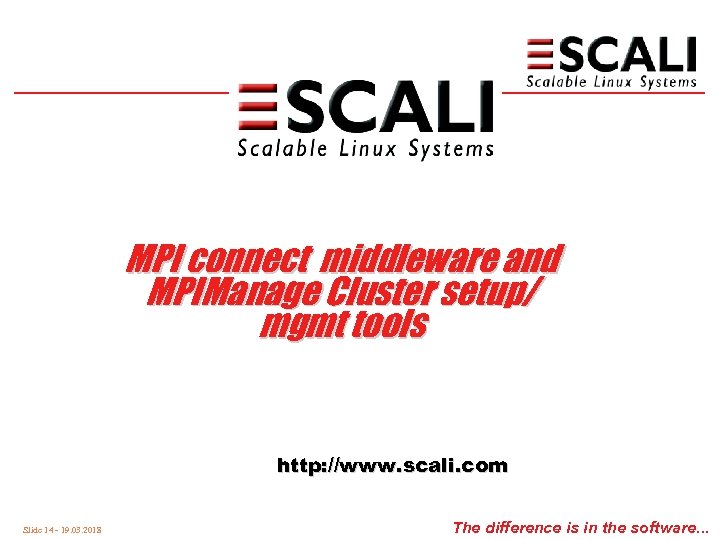 MPI connect middleware and MPIManage Cluster setup/ mgmt tools http: //www. scali. com Slide