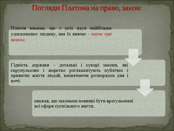 Погляди Платона на право, закон: Платон вважав, що з усіх наук найбільше удосконалює людину,