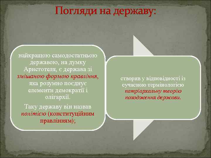 Погляди на державу: найкращою самодостатньою державою, на думку Аристотеля, є держава зі змішаною формою