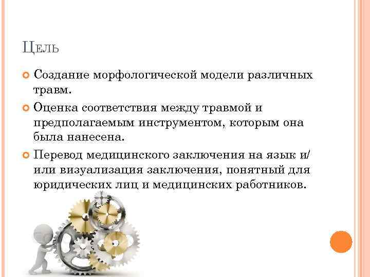 ЦЕЛЬ Создание морфологической модели различных травм. Оценка соответствия между травмой и предполагаемым инструментом, которым