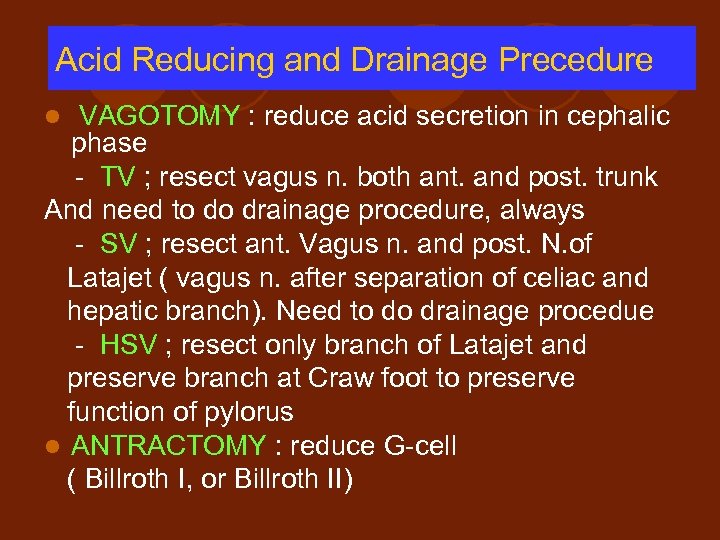 Acid Reducing and Drainage Precedure VAGOTOMY : reduce acid secretion in cephalic phase -