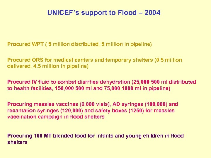 UNICEF’s support to Flood – 2004 Procured WPT ( 5 million distributed, 5 million