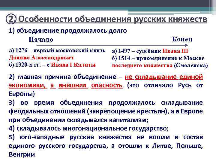 2. Особенности объединения русских княжеств 1) объединение продолжалось долго Начало а) 1276 – первый