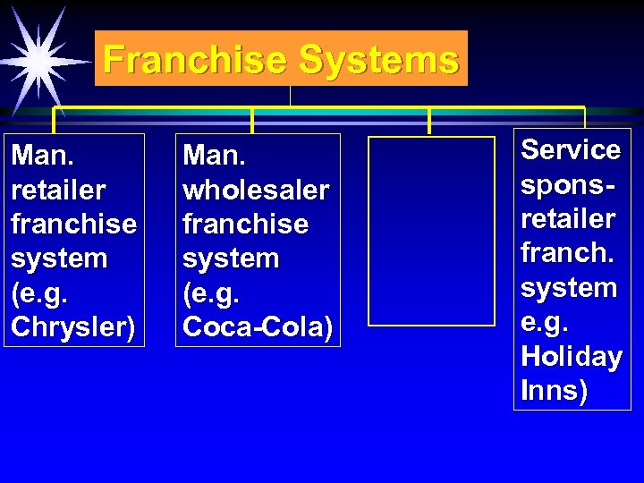 Franchise Systems Man. retailer franchise system (e. g. Chrysler) Man. wholesaler franchise system (e.