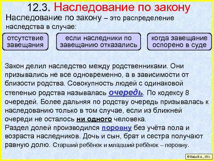 12. 3. Наследование по закону – это распределение наследства в случае: отсутствие завещания если