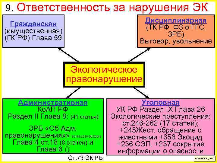 9. Ответственность за нарушения ЭК Дисциплинарная (ТК РФ, ФЗ о ГГС, ЗРБ) Выговор, увольнение