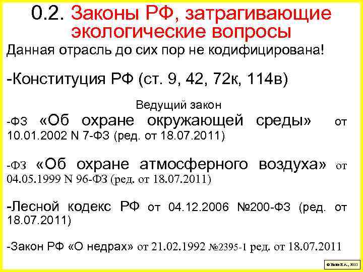 0. 2. Законы РФ, затрагивающие экологические вопросы Данная отрасль до сих пор не кодифицирована!