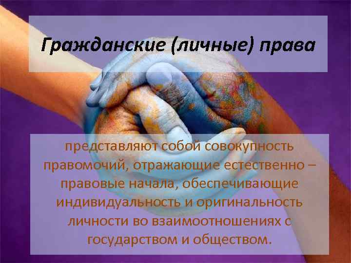 Гражданские (личные) права представляют собой совокупность правомочий, отражающие естественно – правовые начала, обеспечивающие индивидуальность