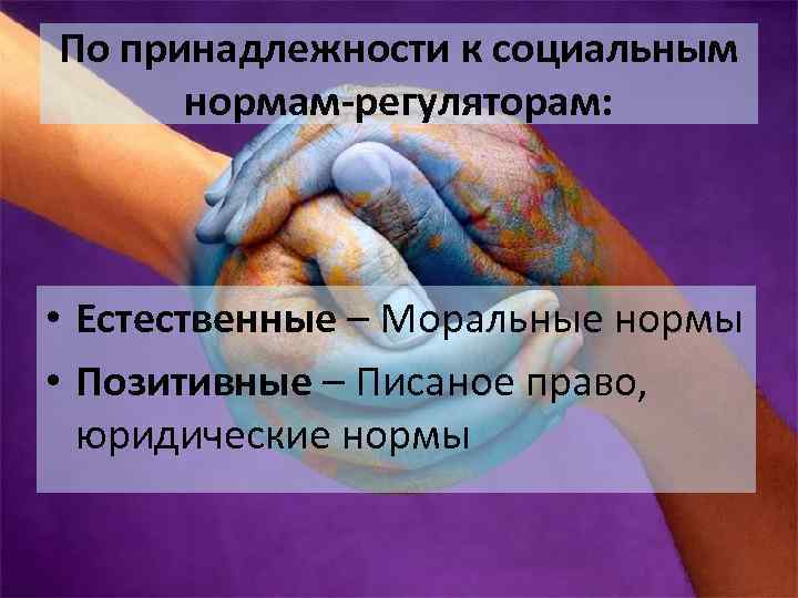 По принадлежности к социальным нормам-регуляторам: • Естественные – Моральные нормы • Позитивные – Писаное