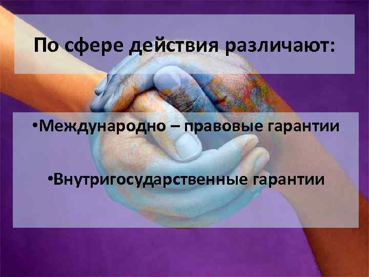 По сфере действия различают: • Международно – правовые гарантии • Внутригосударственные гарантии 