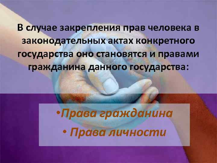 В случае закрепления прав человека в законодательных актах конкретного государства оно становятся и правами