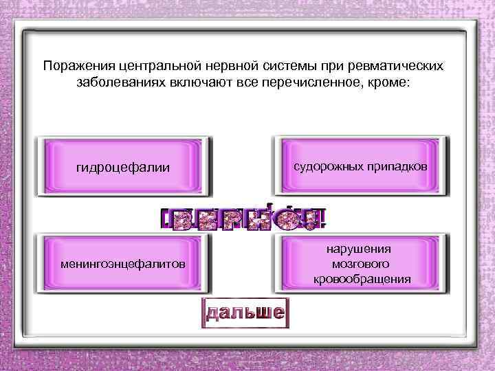 Поражения центральной нервной системы при ревматических заболеваниях включают все перечисленное, кроме: гидроцефалии судорожных припадков