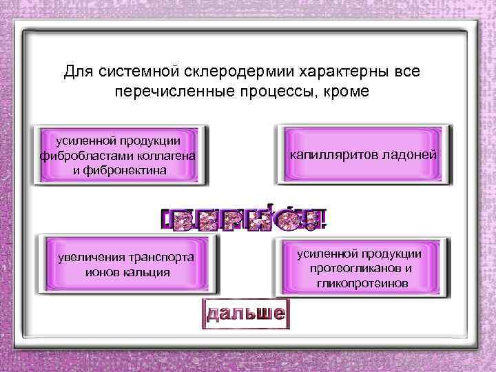 Для системной склеродермии характерны все перечисленные процессы, кроме усиленной продукции фибробластами коллагена и фибронектина