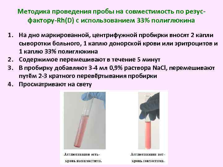 Методика проведения пробы на совместимость по резусфактору-Rh(D) с использованием 33% полиглюкина 1. На дно