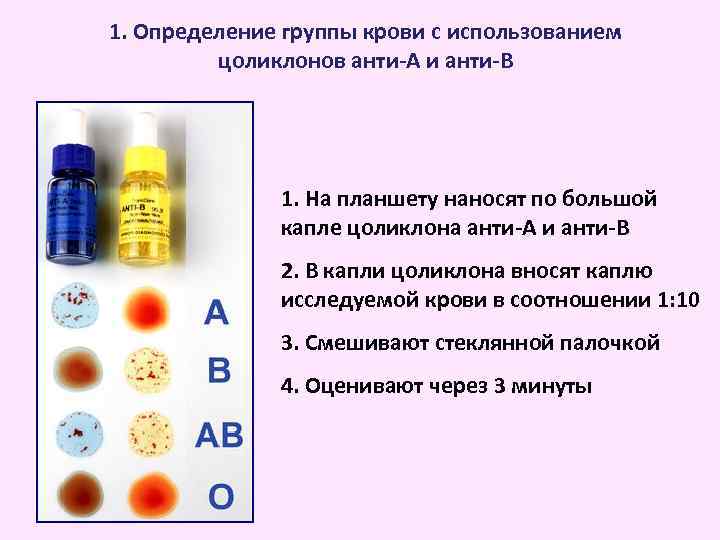 1. Определение группы крови с использованием цоликлонов анти-А и анти-В 1. На планшету наносят