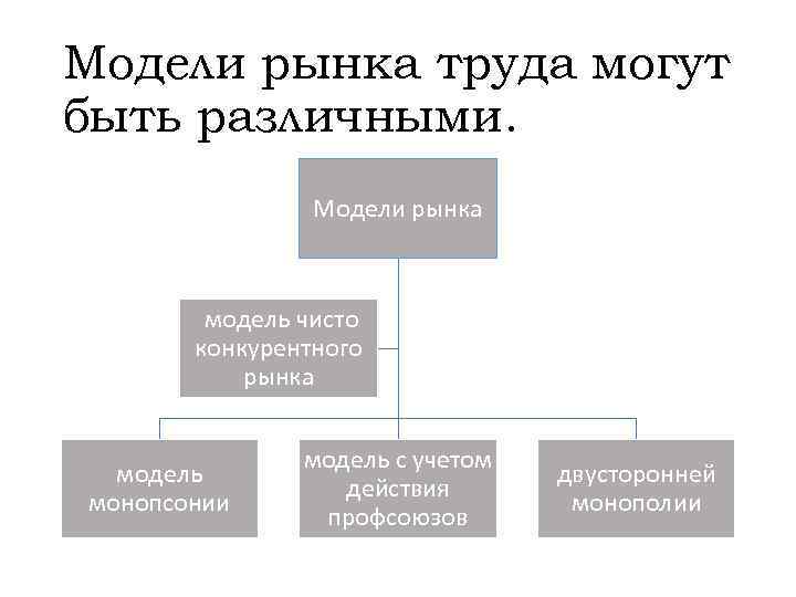 Модели рынка труда могут быть различными. Модели рынка модель чисто конкурентного рынка модель монопсонии