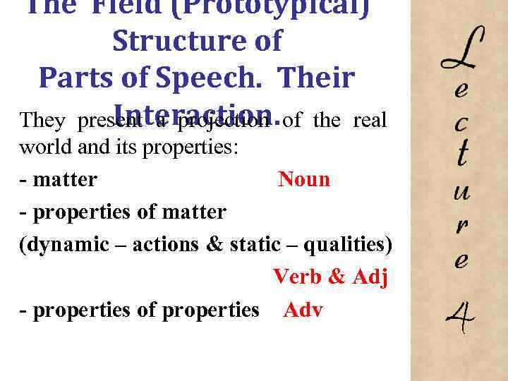 The Field (Prototypical) Structure of Parts of Speech. Their Interaction. They present a projection