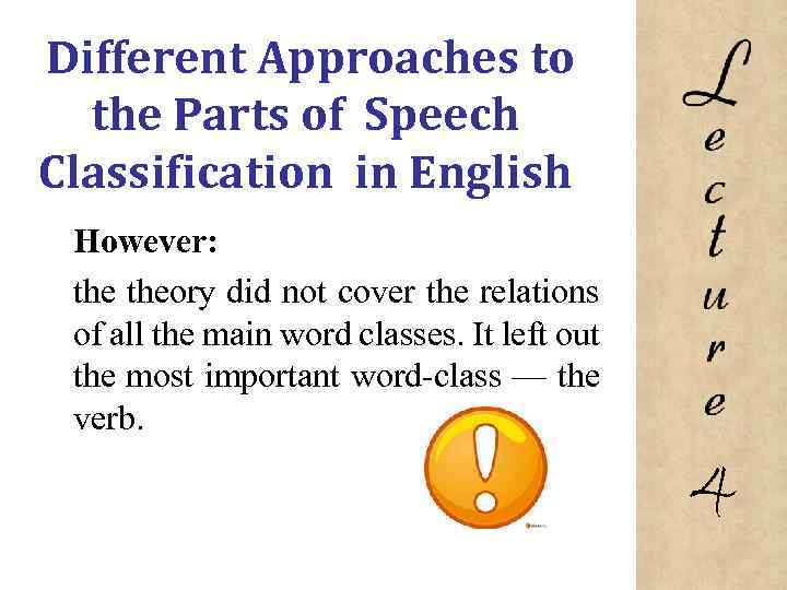 Different Approaches to the Parts of Speech Classification in English However: theory did not