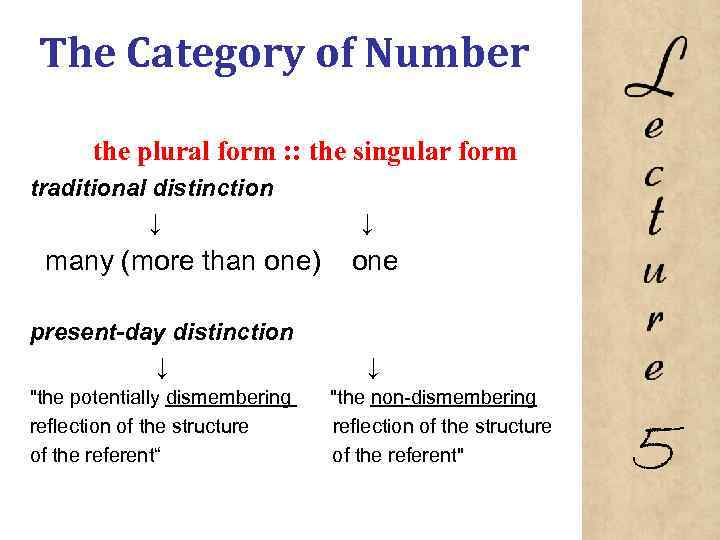 The Category of Number the plural form : : the singular form traditional distinction